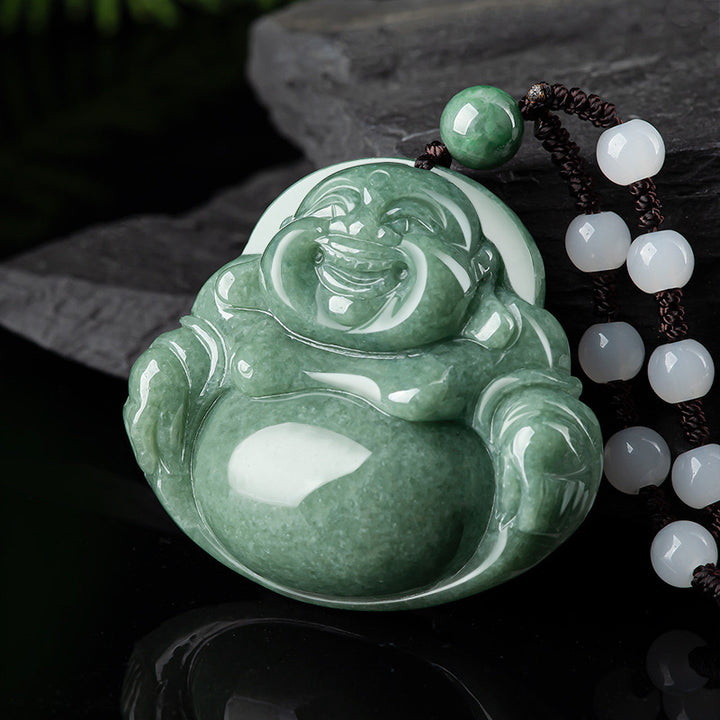 Laughing Buddha Cyan Jade Harmony Necklace String Bead Pendant