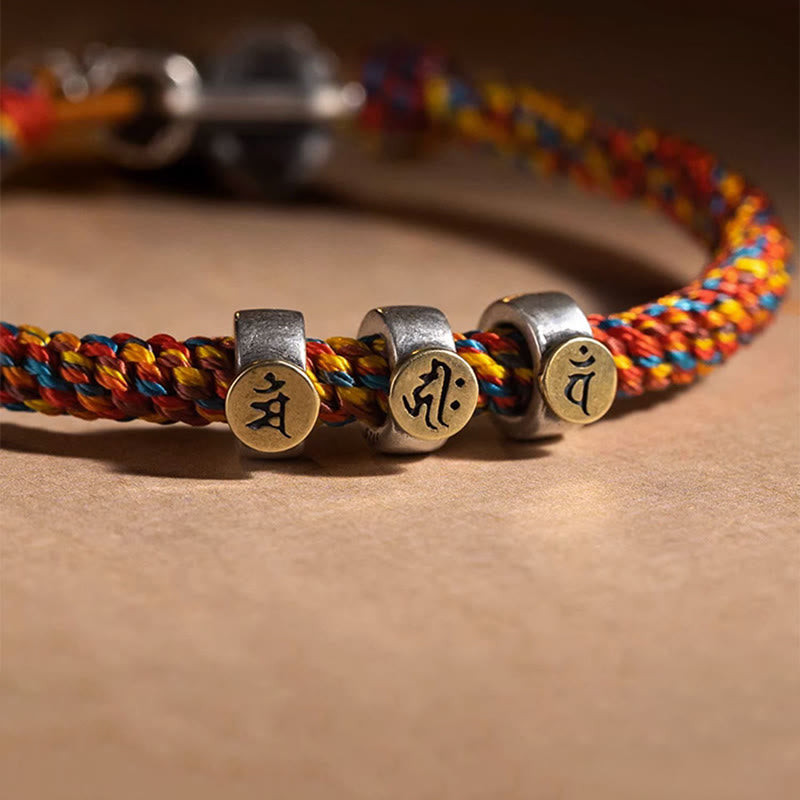 Buddha Stones Handmade Tibetan 925 Sterling Silver Chinese Zodiac Natal Buddha Zakiram Goddess of Wealth Protection Multicolored Rope Braided Bracelet