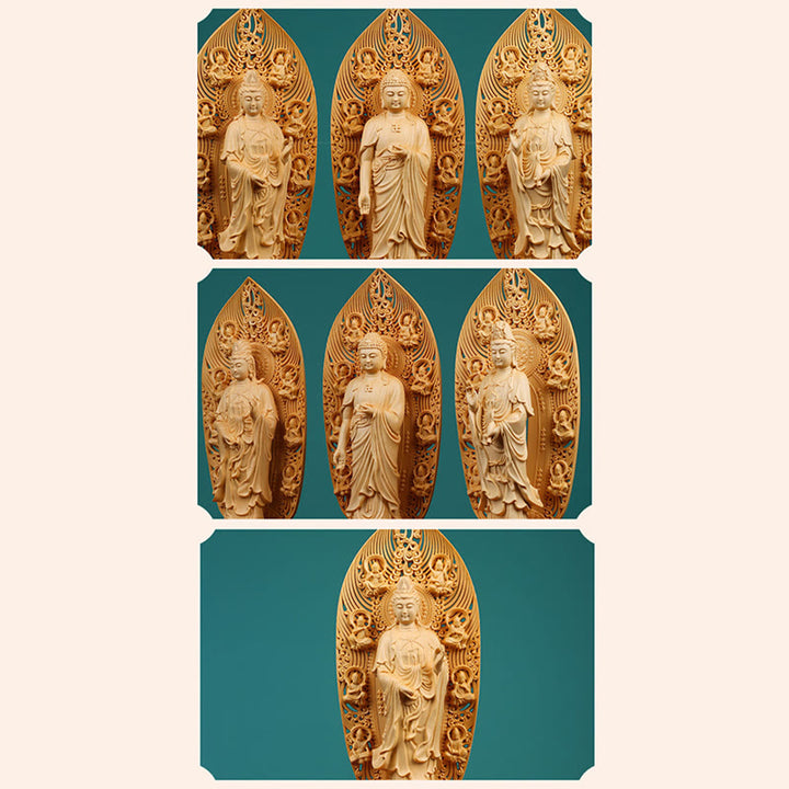 Buddha Stones Handcrafted Kwan Yin Avalokitesvara Tathagata Mahasthamaprapta Bodhisattva Statue Boxwood Abundance Decoration