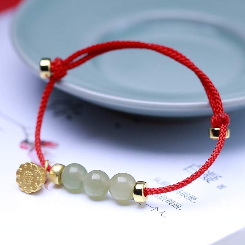 Buddha Stones Natural Jade Lotus Seed Strength Red String Weave Bracelet