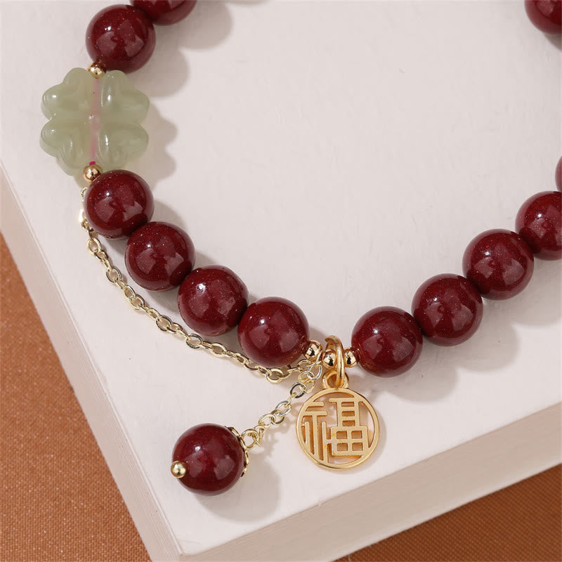 Buddha Stones Cinnabar Fu Character Hetian Jade Lucky Four Leaf Clover Blessing Bracelet