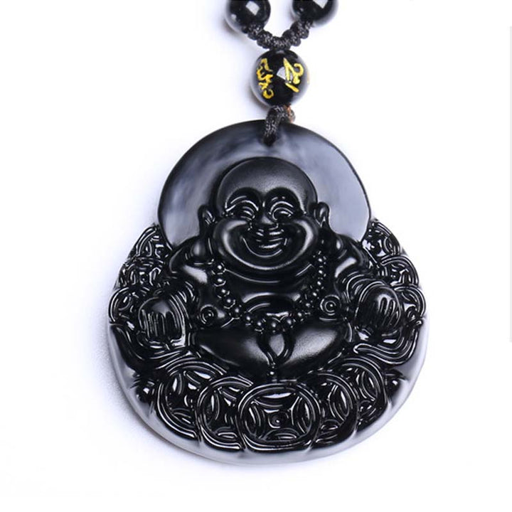 Buddha Stones Laughing Buddha Black Obsidian Strength Protection Pendant Necklace