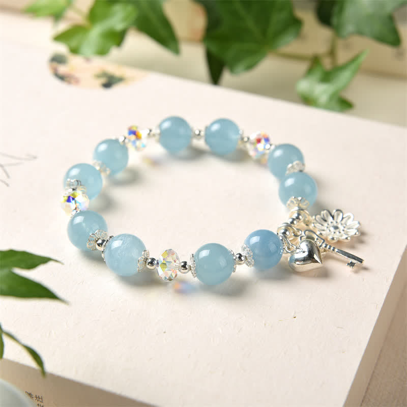 925 Sterling Silver Natural Aquamarine Serenity Flower Love Key Charm Bracelet