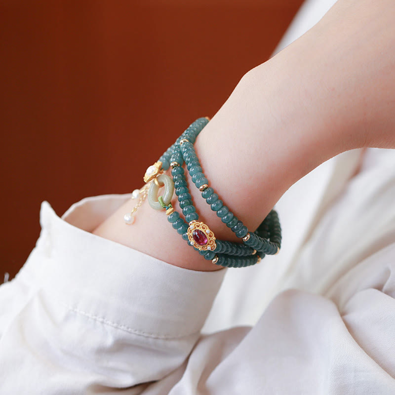 Buddha Stones 925 Sterling Silver Gold Plated Cyan Jade Flower Peace Buckle Success Triple Wrap Bracelet