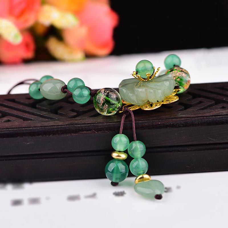 Buddha Stones Natural Green Jade Luck Dangling Flower Bracelet