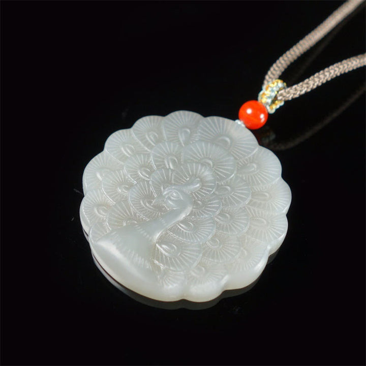 White Jade Peacock Protection Blessing Necklace Pendant