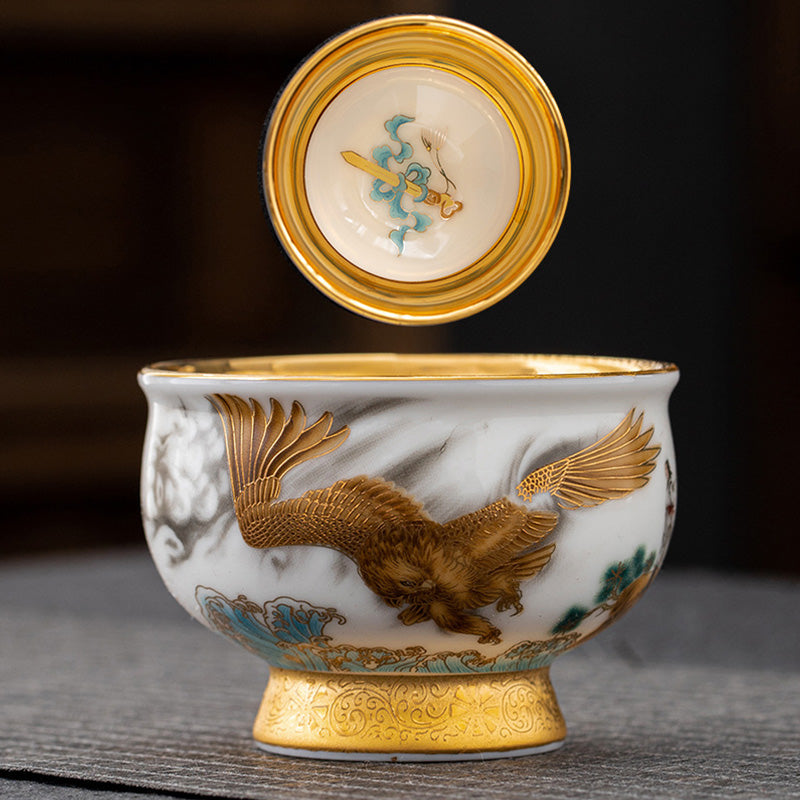 Buddha Stones Golden Eagle Auspicious Dragon Sun Ocean Waves Gilt Ceramic Teacup Kung Fu Tea Cup