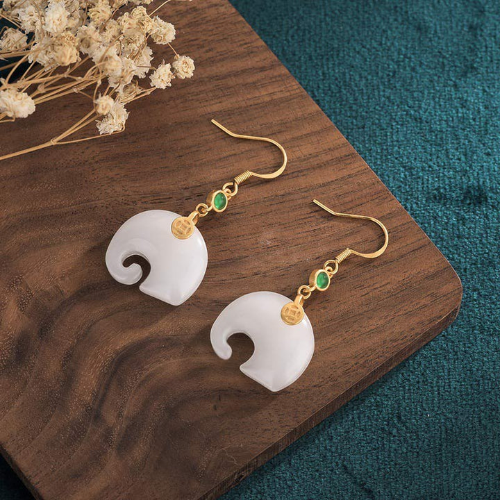 FengShui Elephant White Jade Fortune Earrings