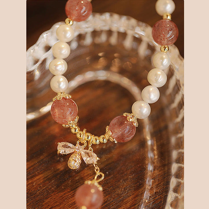 Buddha Stones Natural Pearl Strawberry Quartz Healing Cute Honey Bee Charm Bracelet