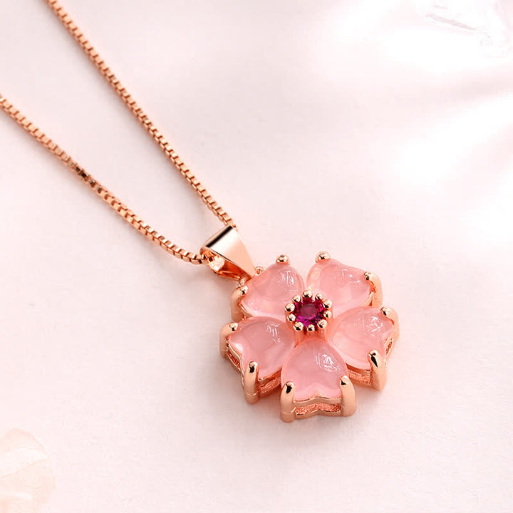 Buddha Stones Pink Crystal Love Heart Flower Soothing Necklace Pendant