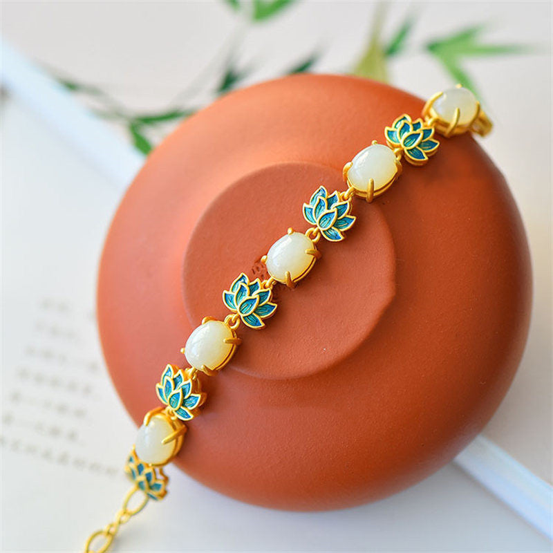 Buddha Stones White Jade Cyan Jade Lotus Protection Bracelet