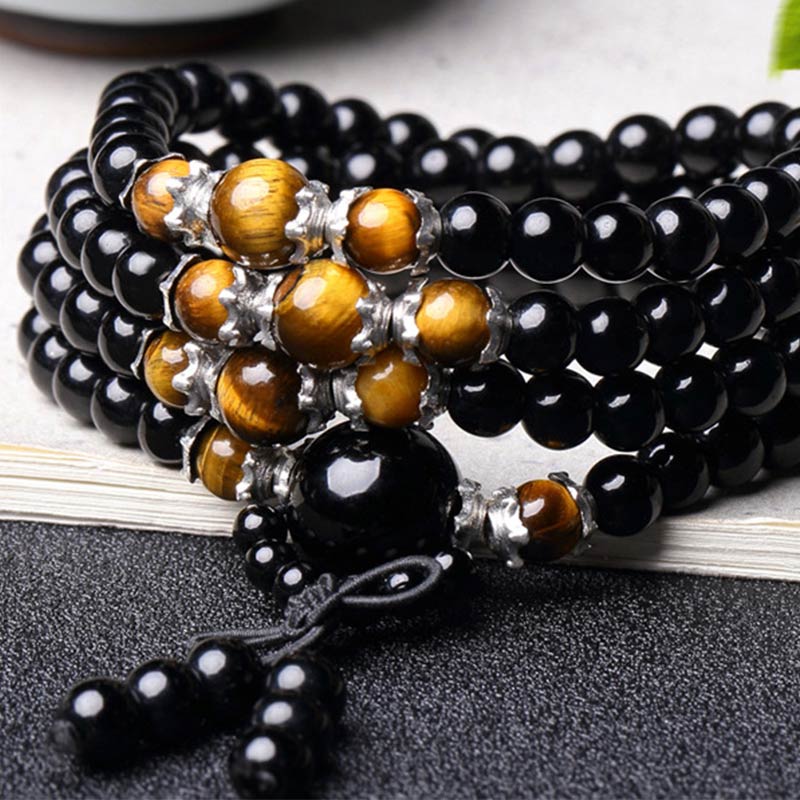 Buddha Stones 108 Beads Natural Black Obsidian Tiger Eye Mala Bracelet