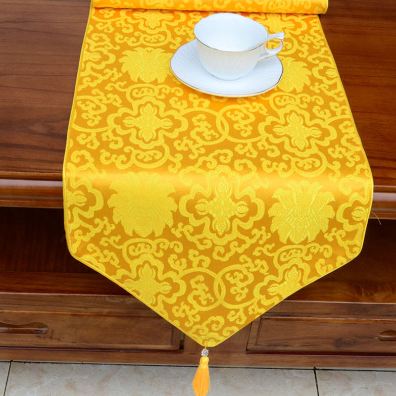 Prayer Altar Flower Vajra Dragon Pattern Tibetan Auspicious Symbols Tassels Jacquard Table Runner