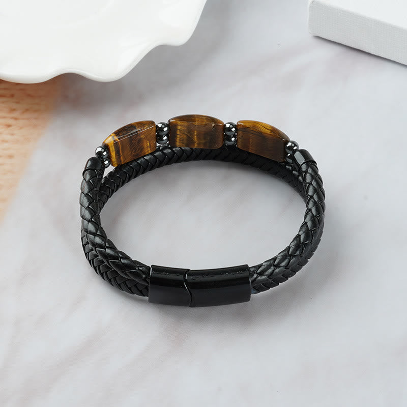 Buddha Stones Natural Tiger Eye Protection Willpower Magnetic Buckle Leather Bracelet