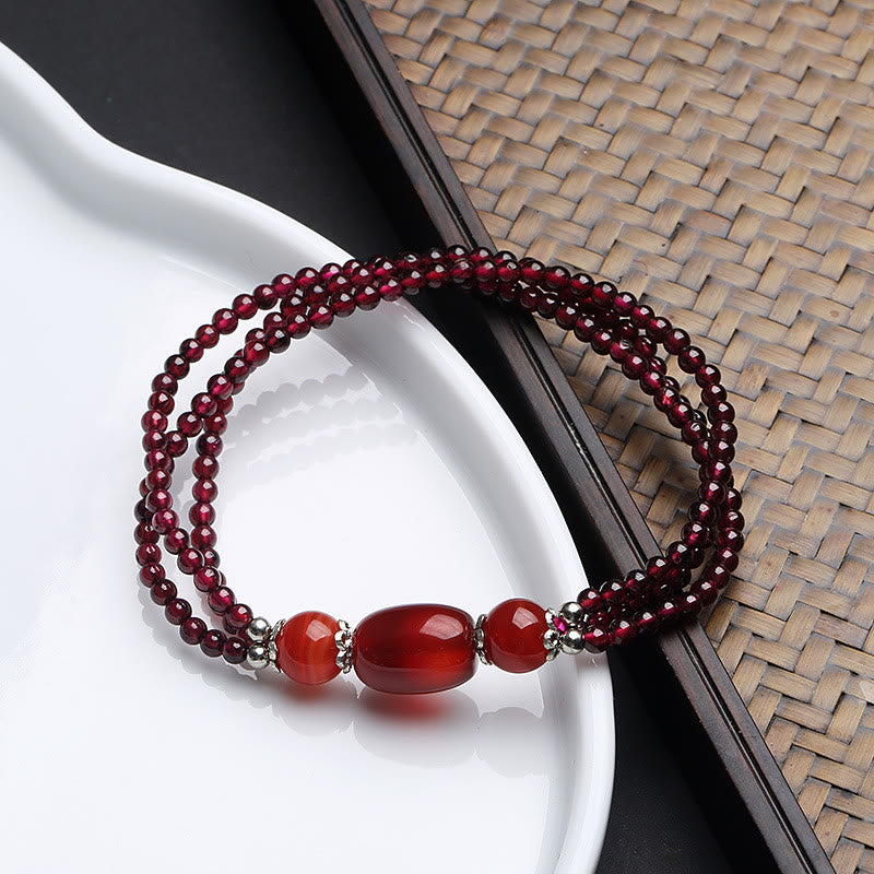 Buddha Stones Natural Garnet Red Agate Protection Triple Layer Bracelet