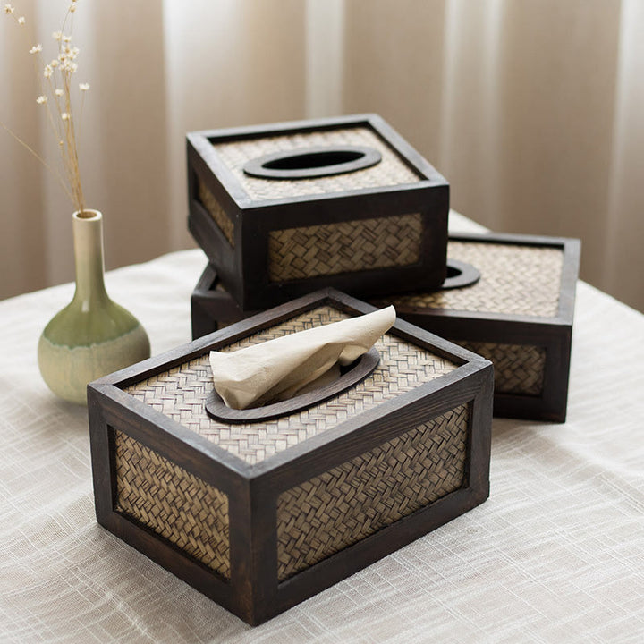 Handmade Bamboo Woven Wood Tissue Box Wooden Tissue Holder Wipes Boxes Decoration