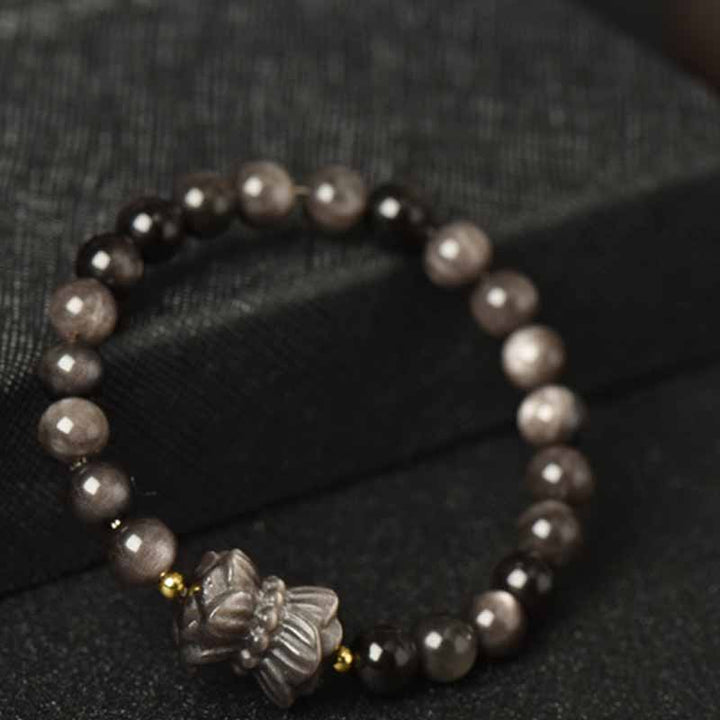 Buddha Stones Silver Sheen Obsidian Lotus Flower Nine Tailed Fox Laughing Buddha Protection Bracelet