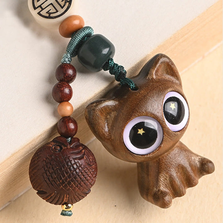 Buddha Stones Green Sandalwood Lucky Cat Koi Fish Cure Key Chain Phone Hanging Decoration