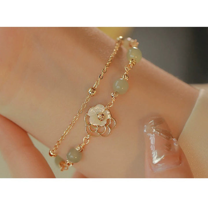 Buddha Stones 14K Gold Plated Jade Butterfly Tridacna Stone Flower Double Layer Luck Bracelet