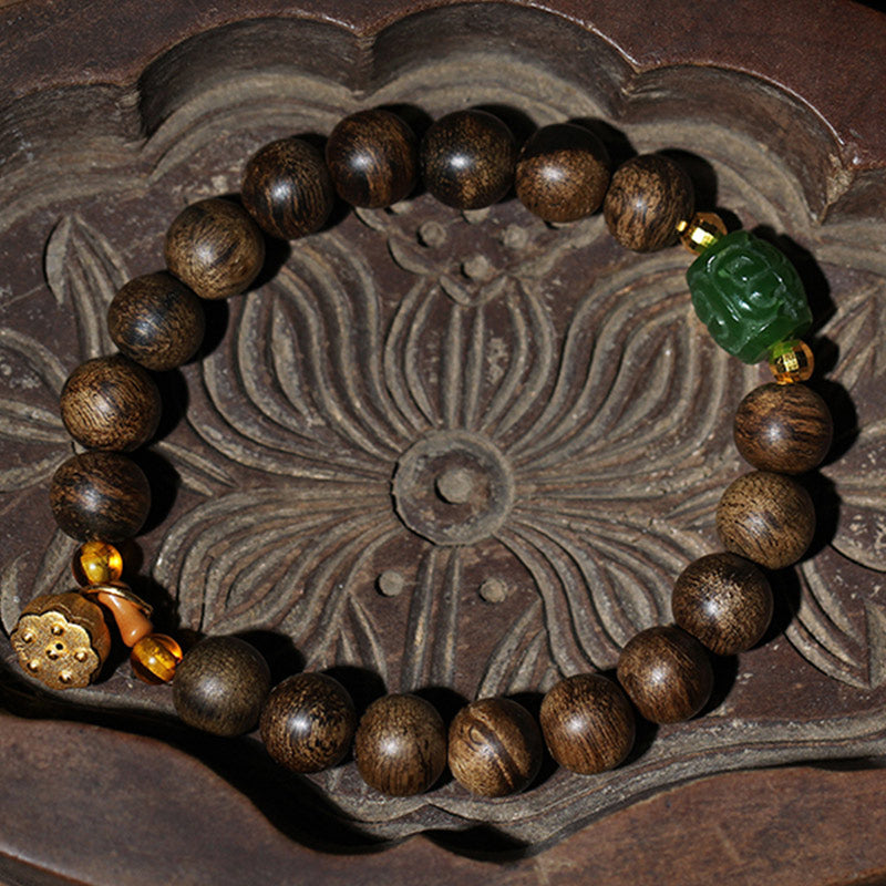 Buddha Stones 999 Gold Brunei Agarwood Cyan Jade Lotus Flower Peace Strength Bracelet