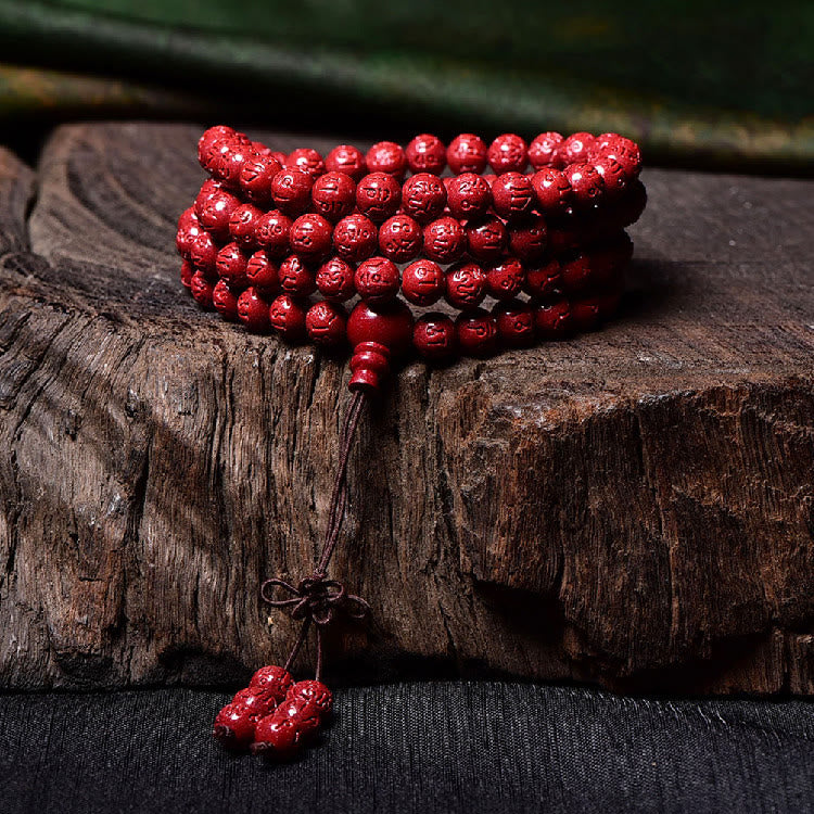 Buddha Stones 108 Mala Beads Cinnabar Om Mani Padme Hum Pattern Engraved Blessing Bracelet