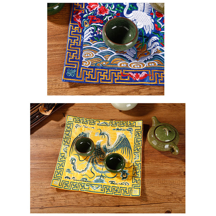 Buddha Stones Crane Phoenix Dragon Kirin Embroidered Cup Mat Pad Tea Cup Coaster Square Kung Fu Tea Mat