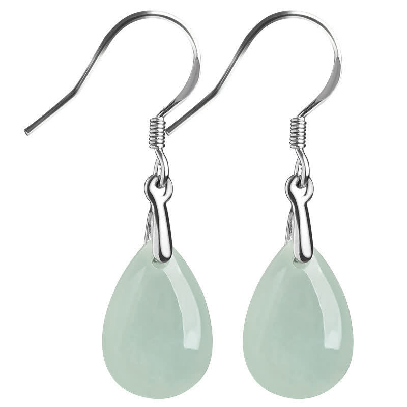 Buddha Stones 925 Sterling Silver Jade Water Drop Pattern Luck Prosperity Dangle Earrings