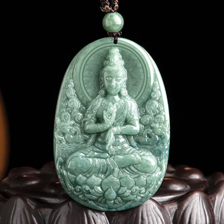 Buddha Stones Natural Jade Avalokitesvara Amulet Wealth Necklace Pendant