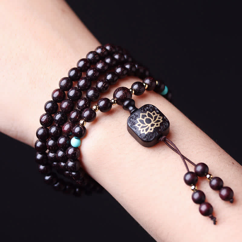 Buddha Stones 108 Mala Beads Tibetan Small Leaf Red Sandalwood Lotus Balance Bracelet