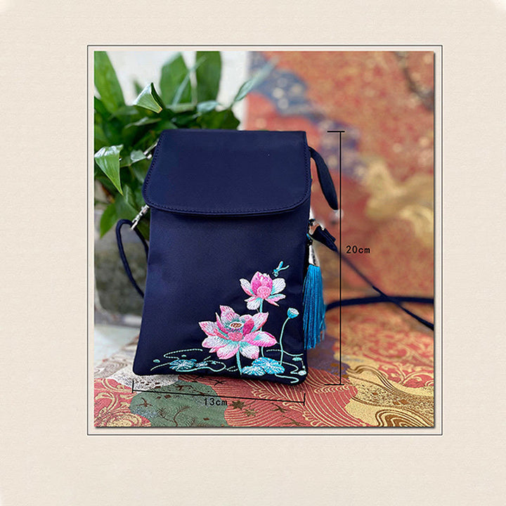 Waterproof Handmade Embroidered Lotus Flowers Crossbody Bag Shoulder Bag Cellphone Bag