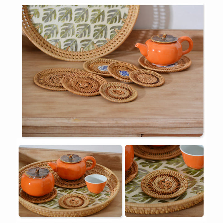 Ceramic Flower Pattern Rattan Cup Mat Tea Cup Coaster