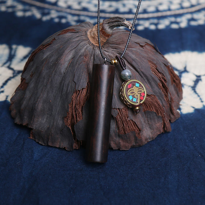 Tibetan Ebony Wood Dzi Bead Peace Calm Necklace Pendant