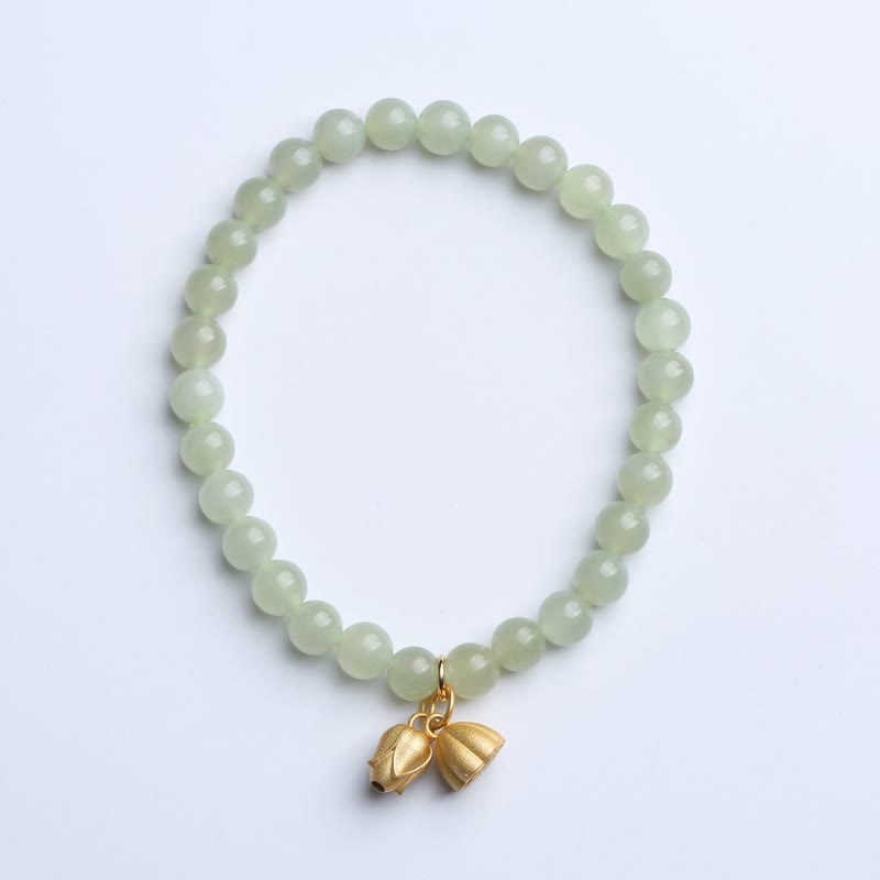 Buddha Stones 925 Sterling Silver Plated Gold Natural Hetian Jade Bead Gourd Lotus Bamboo Fu Character Luck Bracelet