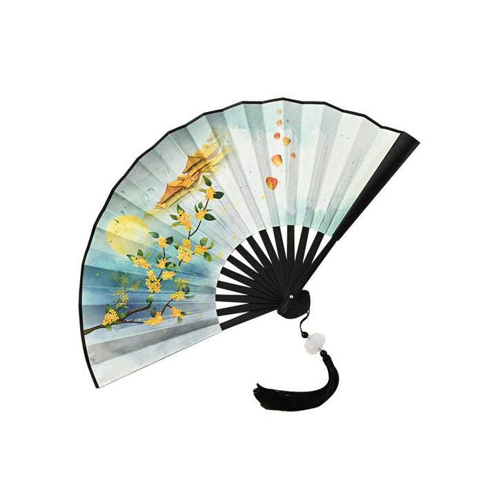 Buddha Stones Vintage Phoenix Nine-Tailed Fox Flower Bamboo Tiger Handheld Folding Fan Lotus Tassel Fan