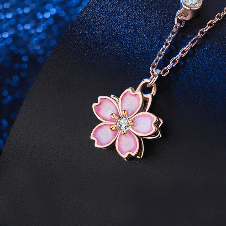 Buddha Stones 925 Sterling Silver Cherry Blossom Flower Rotatable Protection Necklace Pendant