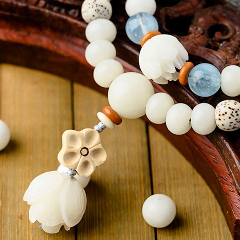 Buddha Stones Tibetan White Jade Bodhi Lotus Blessing Bracelet