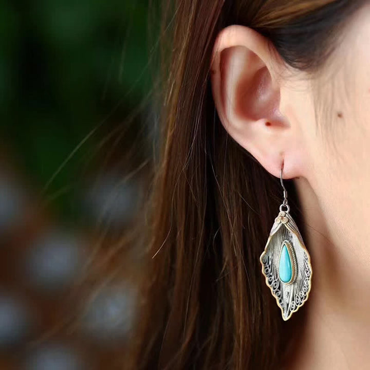 925 Sterling Silver Turquoise Bodhi Leaf Pattern Protection Drop Dangle Earrings