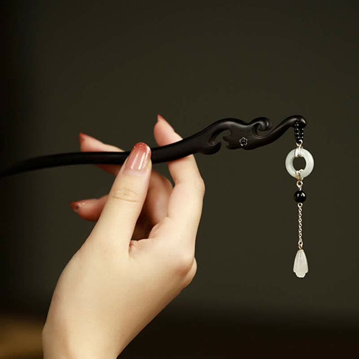 925 Sterling Silver Hetian White Jade Ebony Wood Protection Hairpin