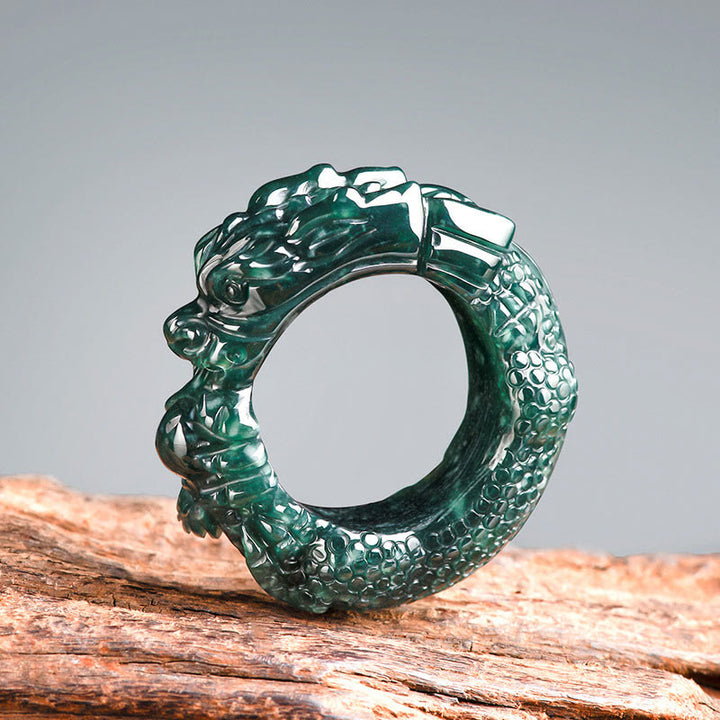 Buddha Stones Natural Cyan Jade Dragon Carved Success Ring