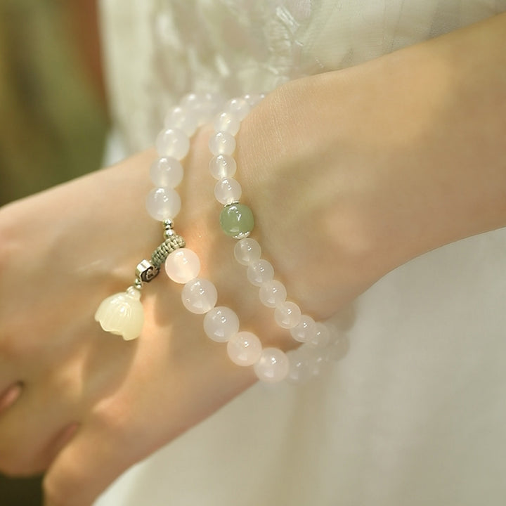 White Agate Jade Lotus Protection Bracelet