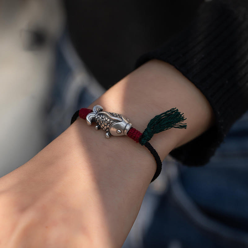 Buddha Stones 925 Sterling Silver Luck Koi Fish Braided Bracelet