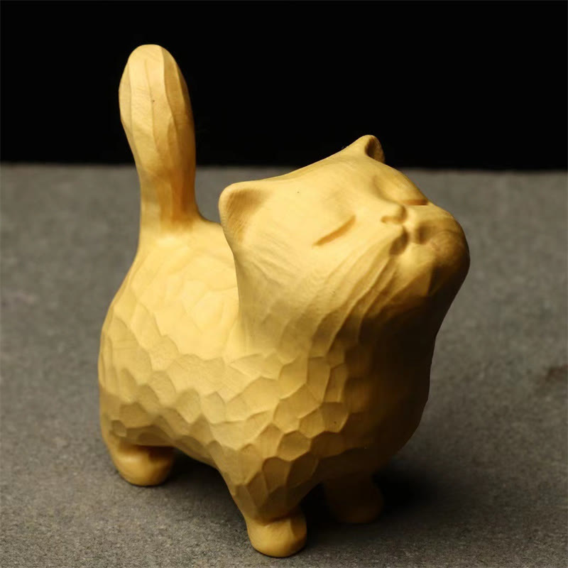 Buddha Stones Mini Thuja Sutchuenensis Boxwood Cute Cat Kitten Carved Prosperity Decoration