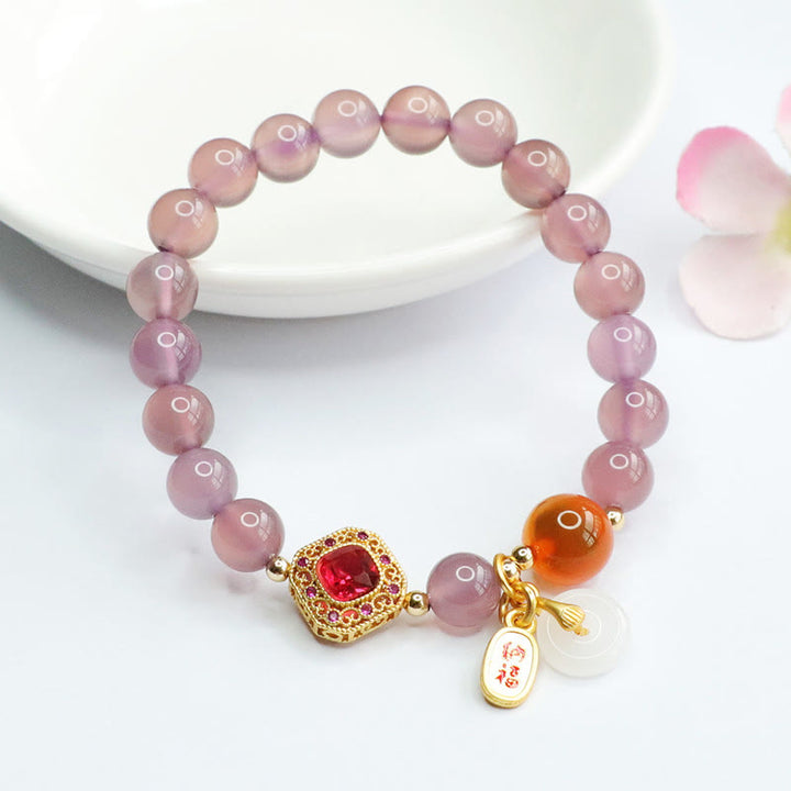 Buddha Stones Natural Purple Chalcedony Candy Agate Peace Buckle Harmony Lucky Fortune Charm Bracelet