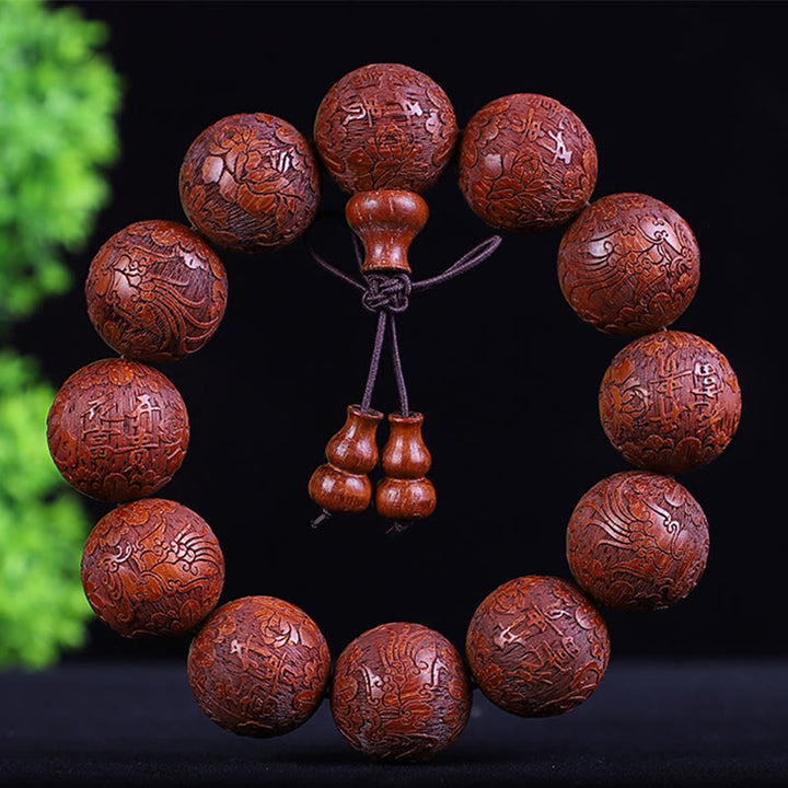 Buddha Stones Chinese Zodiac Rosewood Ebony Boxwood Copper Coin PiXiu Carved Warmth Bracelet