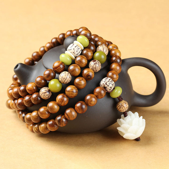 Buddha Stones Tibetan Rosewood Lotus Mala Protection Calm Necklace Bracelet