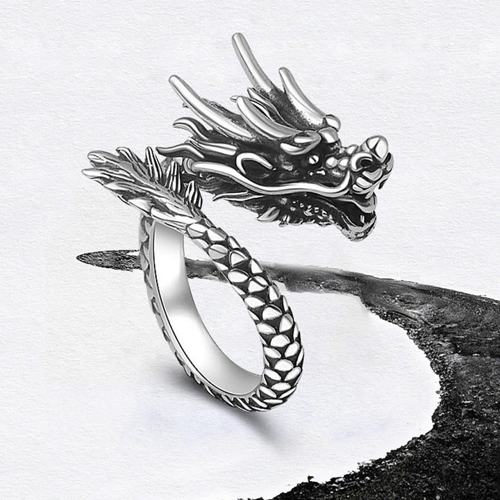 Buddha Stones 990 Sterling Silver Vintage Dragon Design Luck Protection Strength Adjustable Ring