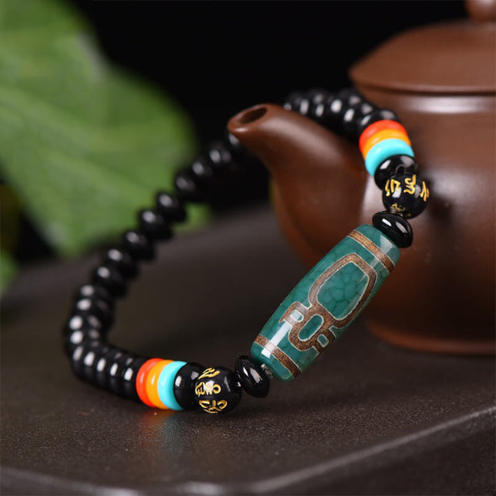 Buddha Stones Tibetan Nine-Eye Dzi Bead Om Mani Padme Hum Power Bracelet