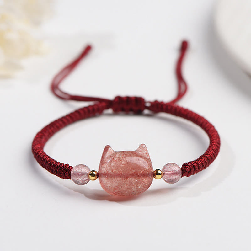 Buddha Stones Handmade Natural Silver Sheen Obsidian Strawberry Quartz Cute Cat Protection Braided Bracelet