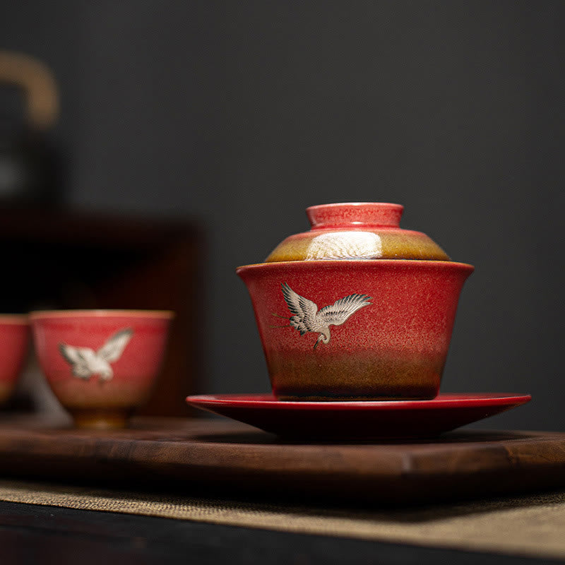 Buddha Stones Red Auspicious Crane Ceramic Gaiwan Sancai Teacup Kung Fu Tea Cup And Saucer With Lid