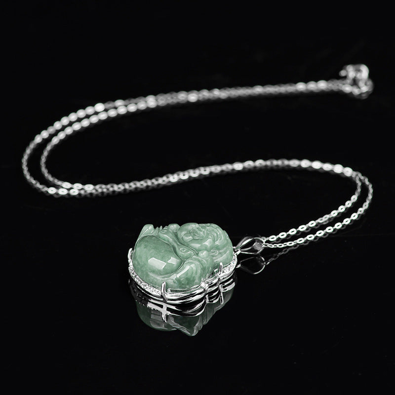 Buddha Stones 925 Sterling Silver Laughing Buddha Jade Abundance Necklace Chain Pendant